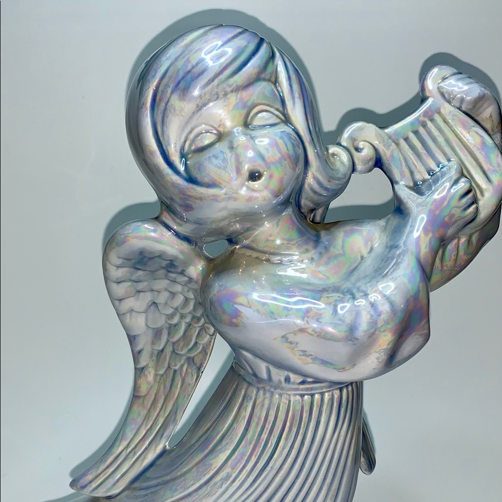 Vintage 12” Tall Handpainted Ceramic Girl Cherub Angel Playing Harp - Iridescent